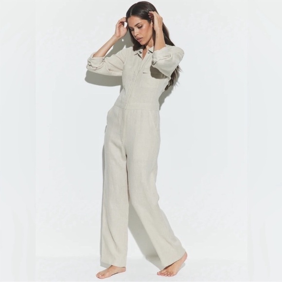 Rivet Utility Bigwig Linen Jumpsuit - Oatmeal - Small - Picture 2 of 11